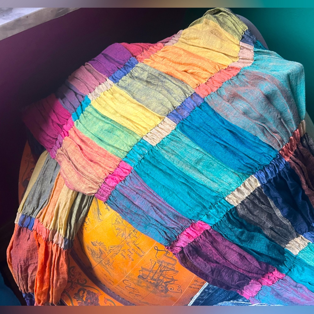 Jewel toned, lightweight, scrunchie rainbow patchwork scarf